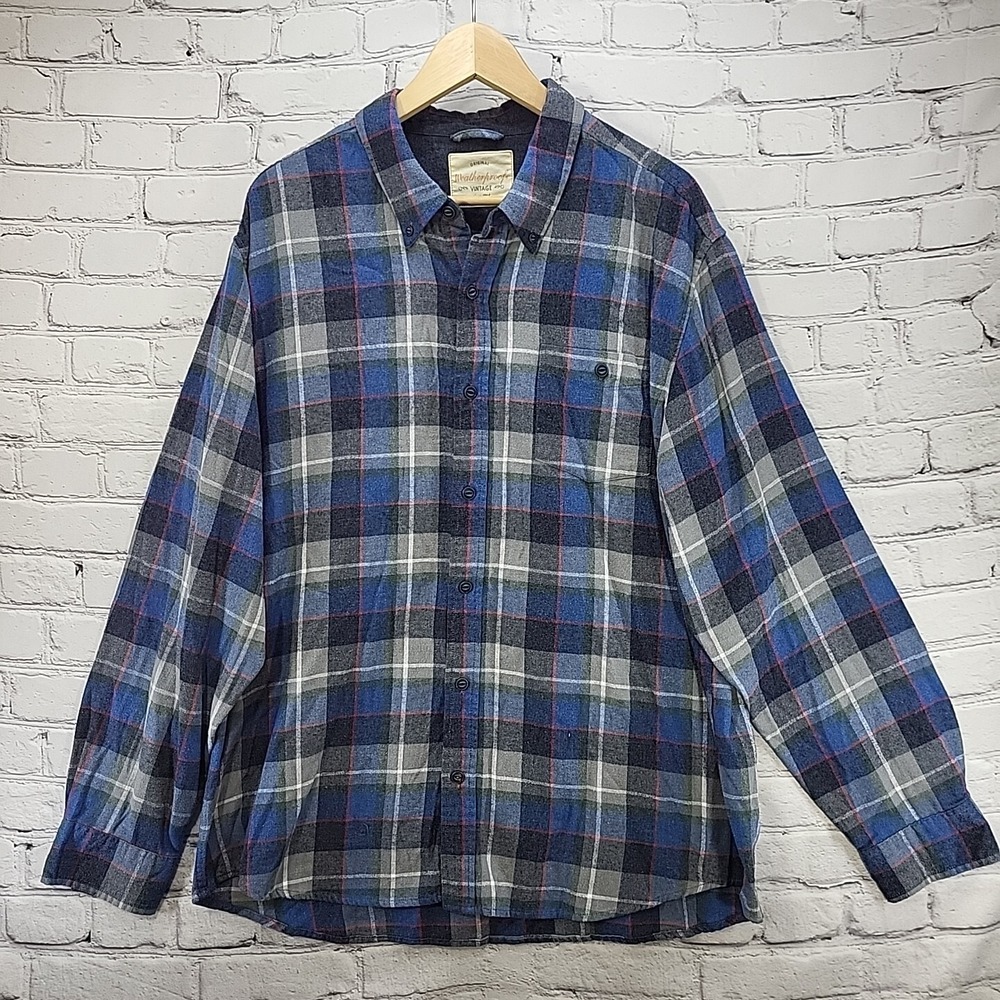 Weatherproof Vintage Flannel Shirt Mens XXL Blue Gray Plaid Button Front